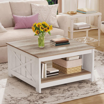 Square Coffee Table For Living Room, Farmhouse Coffee Table With Storage, 2-Tier Wood Coffee Tables Center Table With Half Open Storage Compartment, G