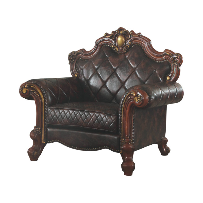 Chaise rembourrée picard et perle antique, Simili cuir brun foncé, Chêne miel