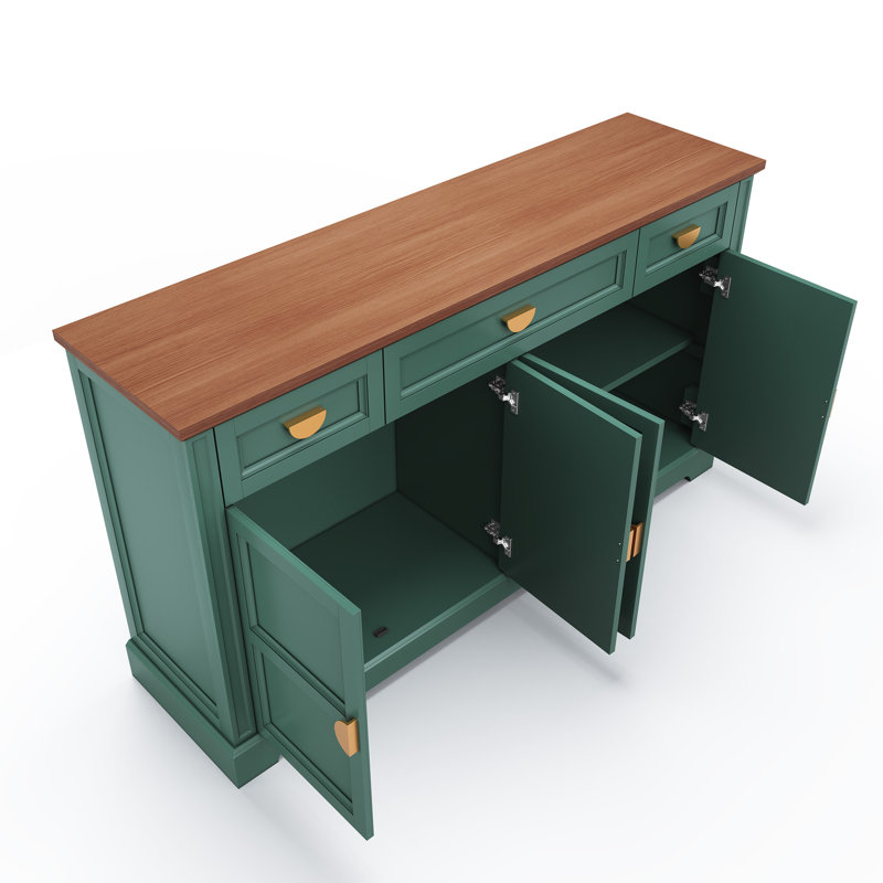 59'' W Sideboard with 3 Drawers, Mid-Century Style 4-Door Storage Cabinet, Green