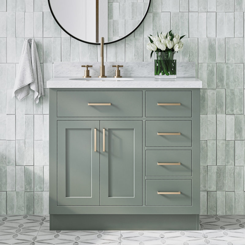 ARIEL HEPBURN 37 IN RIGHT OFFSET RECTANGULAR SINK VANITY 1,5 IN, Oval, Left, Vintage Green/Satin Brass