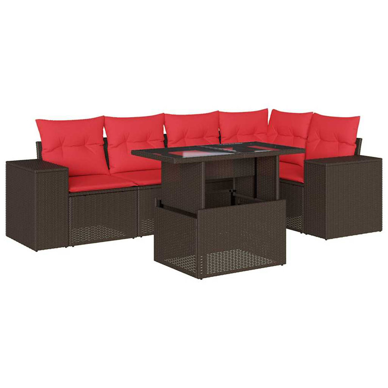 Ensemble de canapé de patio 6 pièces avec coussins en rotin de polyester, Rouge, Brun