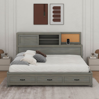 Full Size Wooden Daybed With 3 Storage Drawers, Upper Soft Board, Shelf, And USB Ports