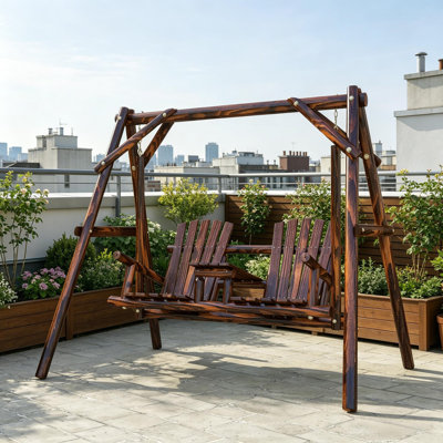 Wooden Porch Swing with Stand, 2-Seat Patio Swing Chair with Center Table