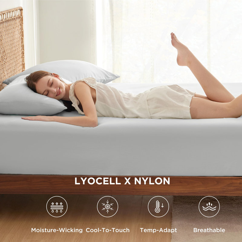 Bedsure Lyocell Nylon Cooling Fitted Sheet, Twin Sheet Set with 1 Fitted Sheet and 1Pillowcase, Glacier Gray