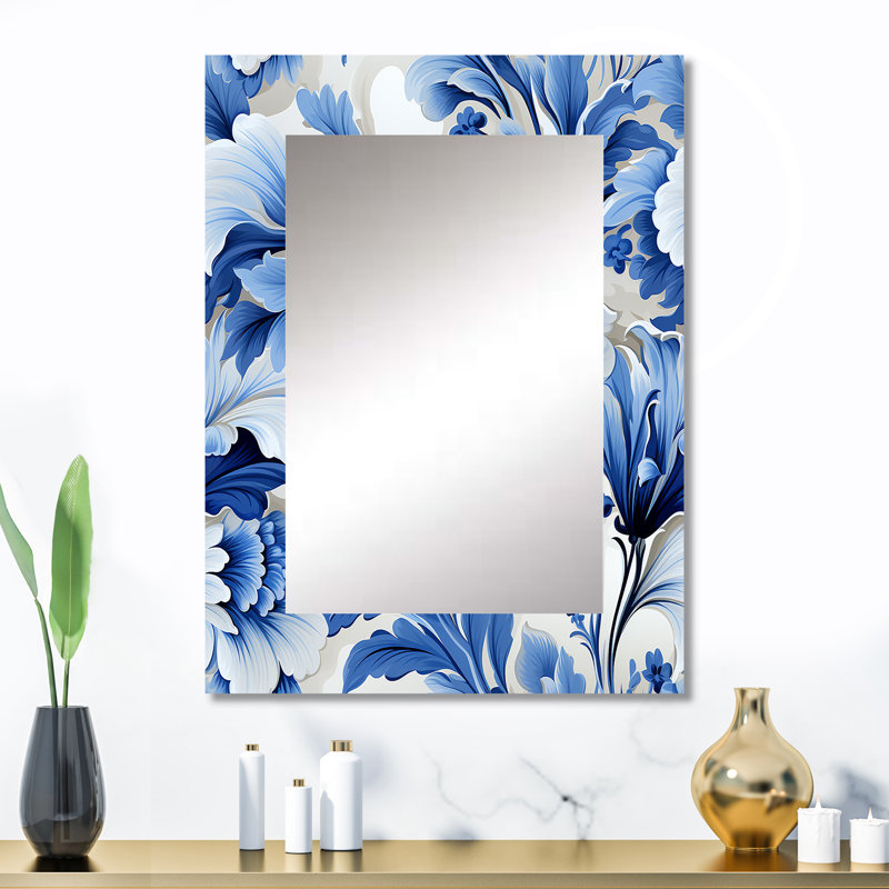 Motif victorien Inman cobalt bleu feuilles d'acanthe - grand miroir mural floral, chalet, miroir traditionnel unique, art imprimé en métal