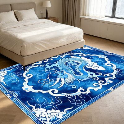 1 tapis bleu et blanc en porcelaine rétro de style dragon chinois pour le salon, doux et confortable, convient à toutes les saisons, facile à entretenir, tapis de sol intérieur lavable à la machine, sous la table de ferme convenant à la salle à manger, à la chambre à coucher, au ...