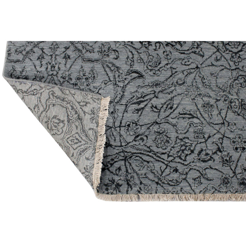 Hand Knotted Damask Area Rug in Charcoal/Blue, Rectangle 8' x 10'