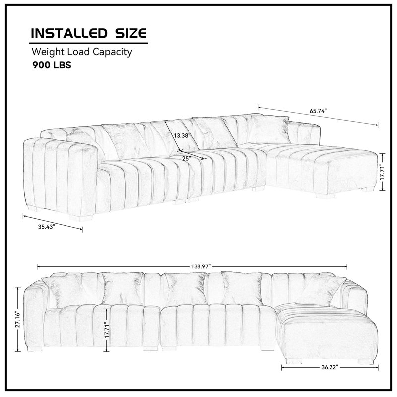 138.97" Wide Velvet Modular Sectional Sofa, Dark Blue Velvet, Right Hand Facing