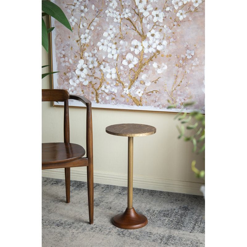 Table d'appoint mince en laiton 11,8 x 11,8 x 24 po avec plateau texturé doré et base en bois (seulement avec table basse)