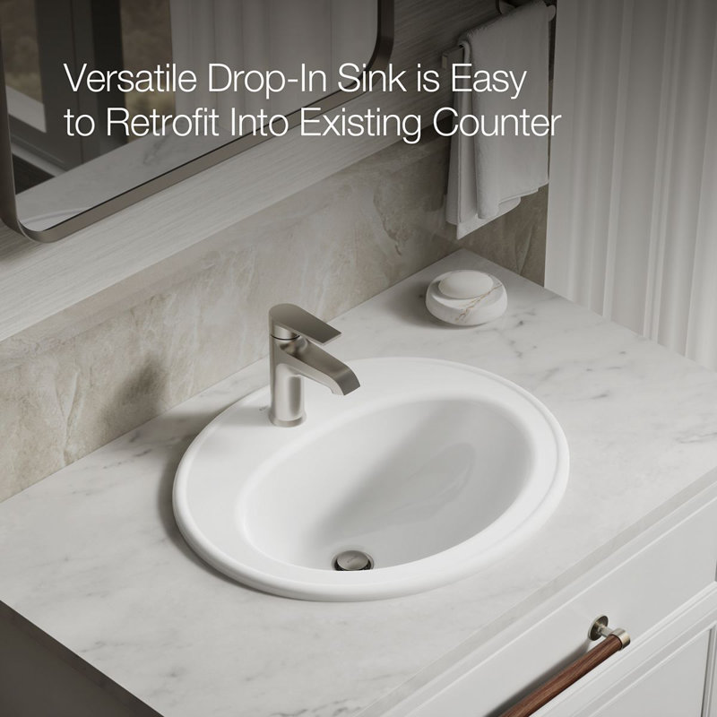 Pennington Ceramic Oval Drop-In Bathroom Sink with Overflow, Single, White
