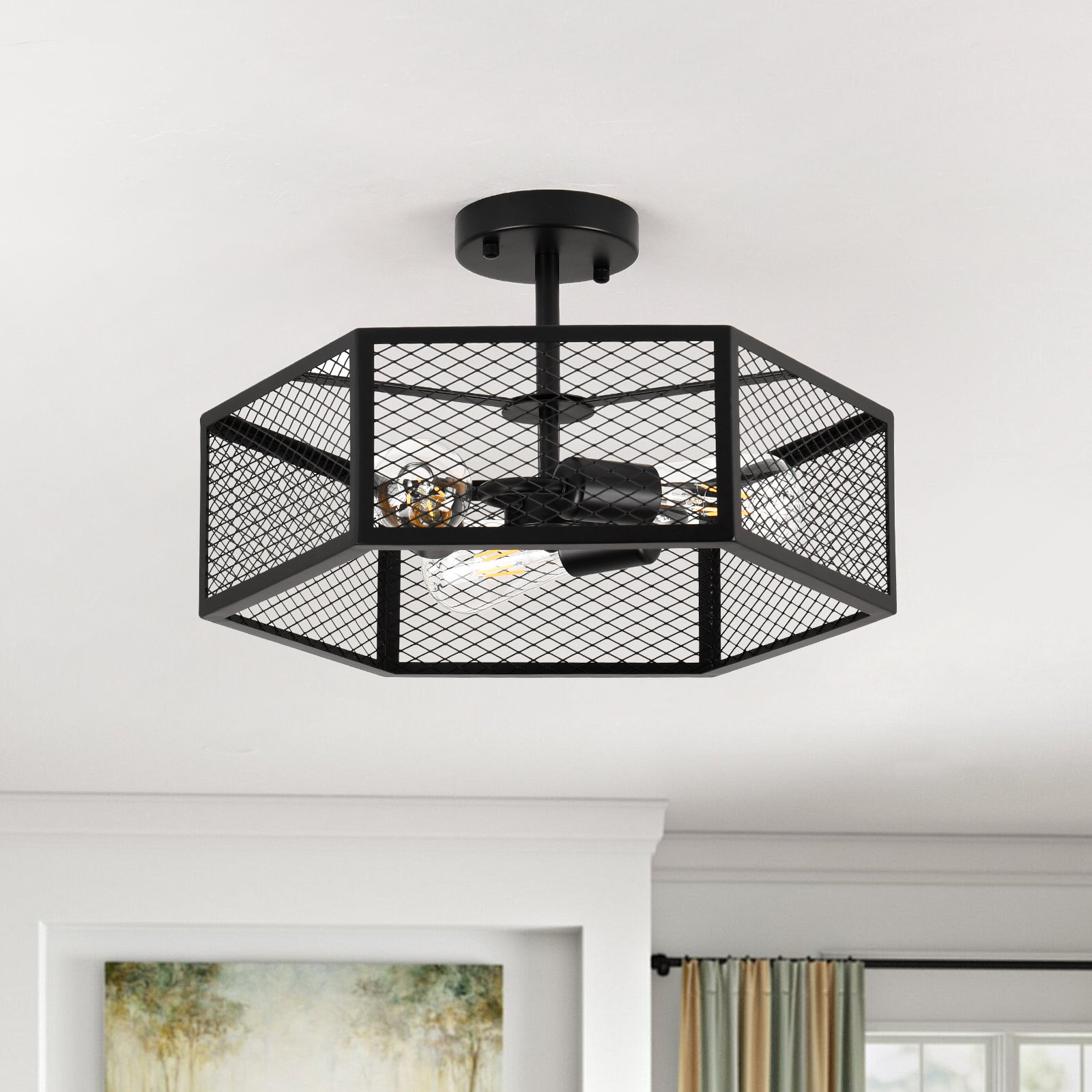17 Stories 3-Light Farmhouse Drum Black Caged Semi Flush Mount | Wayfair