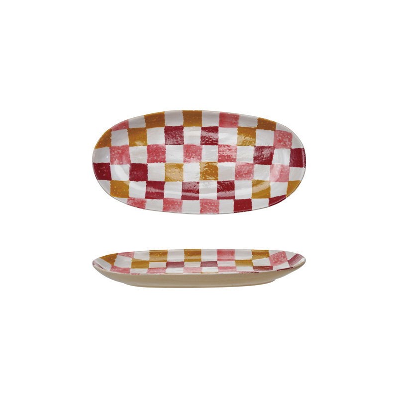 Plateau en grès ovale de 15 3/4 po de large avec motif à carreaux