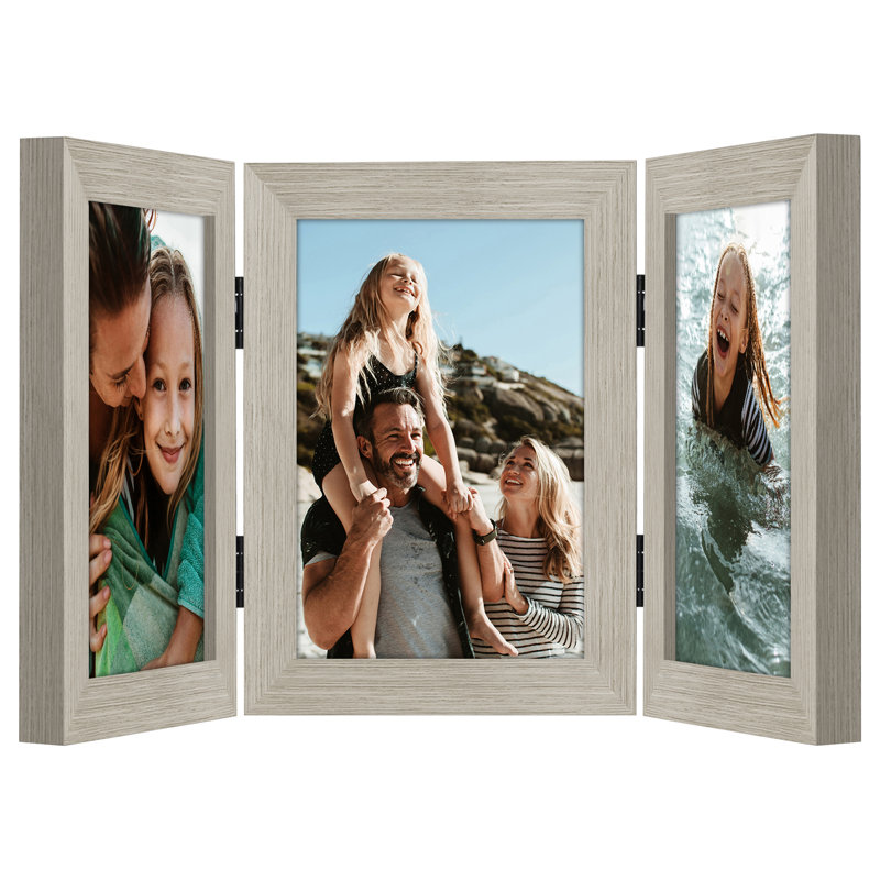 Hinged Frame For Desk Three Pictures - Composite Wood and Shatter-Resistant Glass, 4" x 6", Driftwood