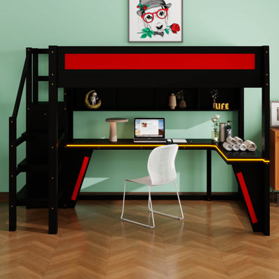 Lit mezzanine avec bureau et garde-robe Gaming, structure de lit mezzanine en bois avec DEL et USB intégré