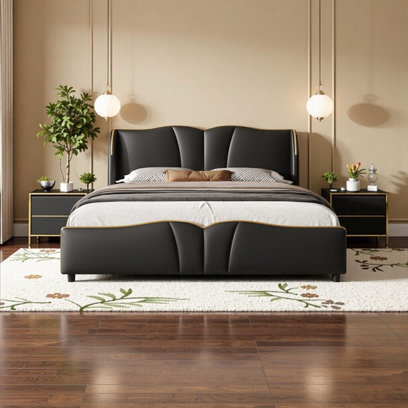 Élégante structure de lit tapissier en cuir grand format avec tête de lit à oreilles et pied de lit ondulé - Lit plateforme moderne sans sommier, noir