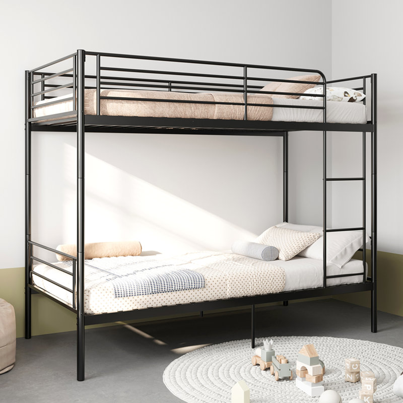 Lit superposé avec échelle et garde-corps haut, capable de se diviser, lit superposé en métal, espace de rangement, silencieux, taille simple sur simple, noir