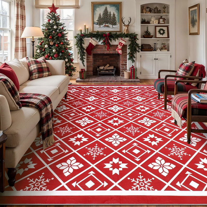 Christmas Crimson Snowflake Pattern Machine Washable Area Rug, Rectangle 5' x 7'