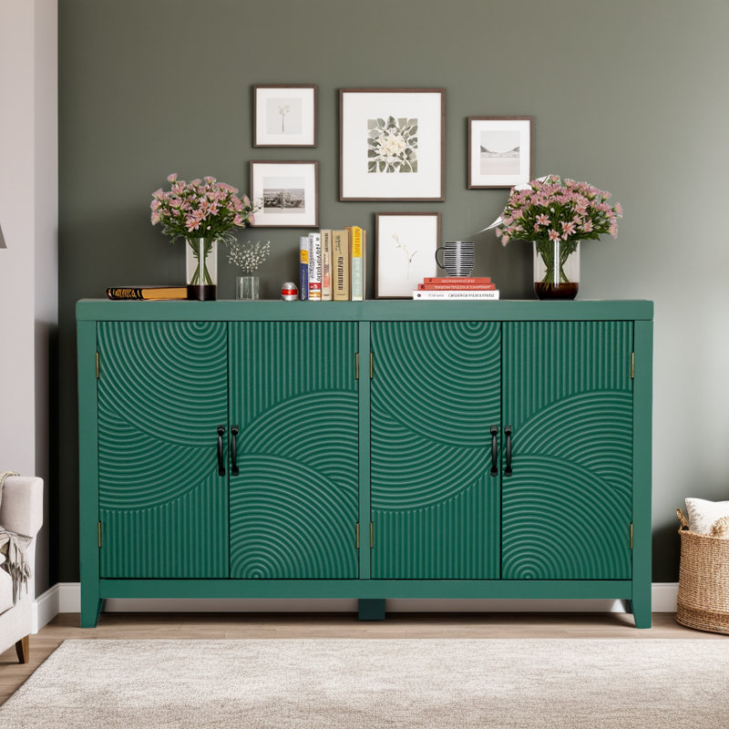 Buffet Shmily 59" en bois vert avec portes sculptées