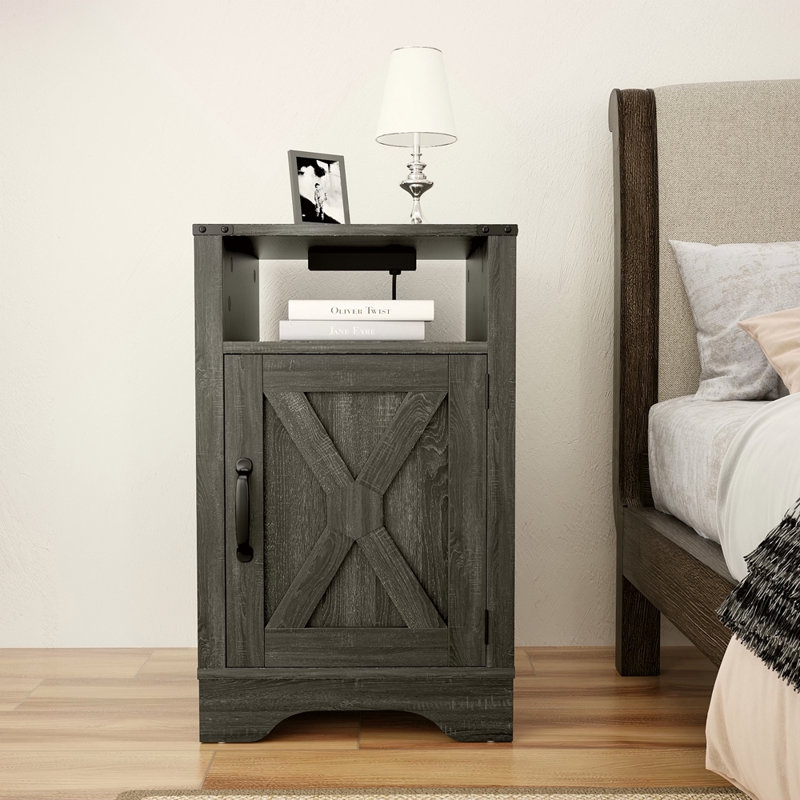 Table de chevet Farmhouse, table de bout rustique en bois, grande table de chevet avec prises de courant, Gris foncé
