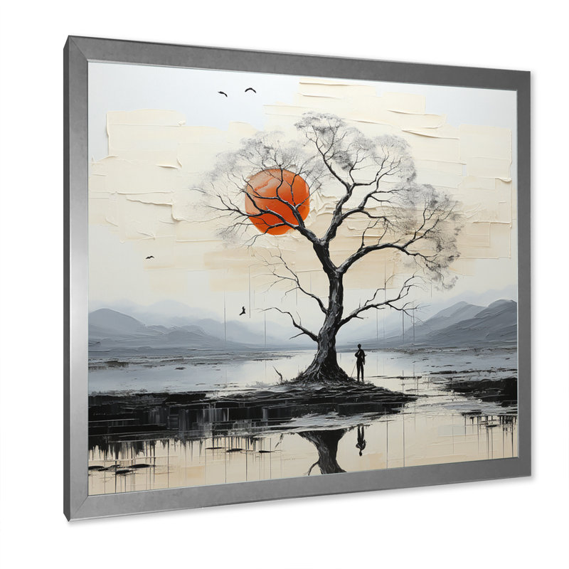 «Grey Red Minimalisme Tree Solitude III», reproduction sur toile, H 36 po x l 36 po x P 1,5 po, Cadre simple argenté