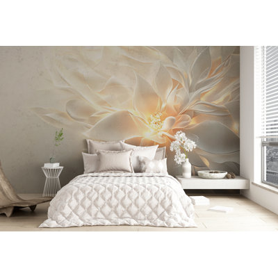 Elegant White Flower With Light Glow Wallpaper – 3D Petal Bloom Art Mural, Minimalist Floral Design For Living Room, Bedroom Or Office Wall VN266