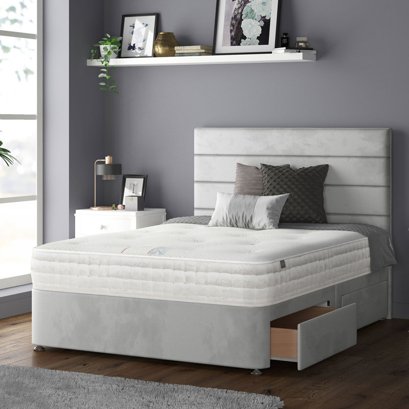 Kiara Stripped Floor Standing Headboard with Divan Base Plush Velvet and Metal Feet, Small Double (4'), Silver