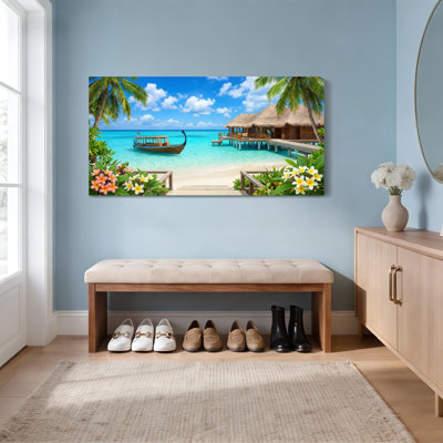 Tropical Beach Scene With Palm Trees And Boat Canvas Wrapped Wall Art Oil Painting Print Set Of 1