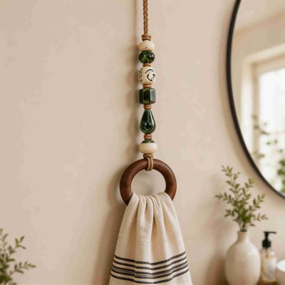 Porte-serviettes décoratif suspendu en acrylique avec anneau en bois et perles - Porte-serviettes en perles de bois pour salle de bain et cuisine - Idée cadeau vintage villa