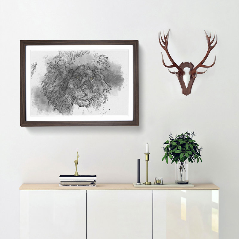 Lion with Piercing Eyes in Abstract - Picture Frame Graphic Art Print, 40cm H x 60cm W x 2cm D, Walnut