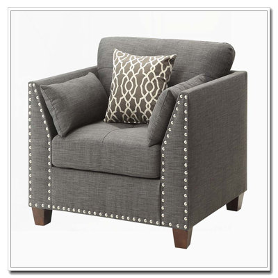 Light Charcoal Linen Armchair with Nailhead Trim