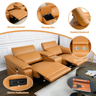 Power Recliner Sofa Set, 4-Seat Reclining Sectional Sofa With Adjustable Headrest &  Power Recline, Breathable Leather With Storage Console & USB Ports, Easy Assembly Living Room Furniture Sets