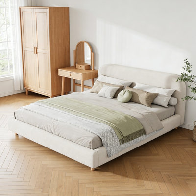 Boucle Upholstered Platform Bed Frame With Curved Headboard, Sturdy Wood Slat Support