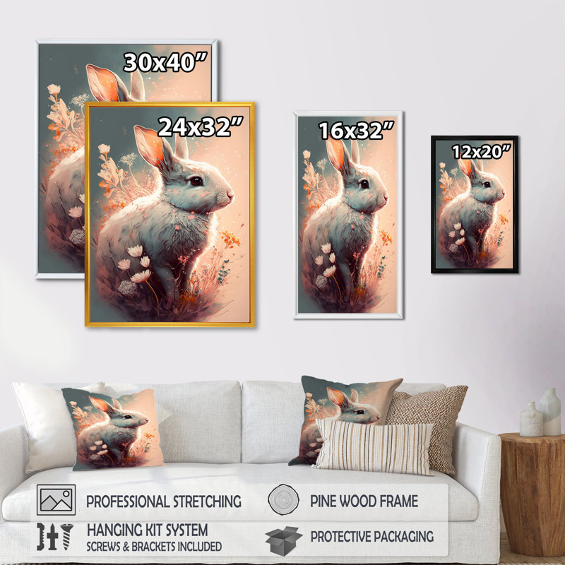 «Cute Rabbit Floral III», impression sur toile, Cadre flottant noir