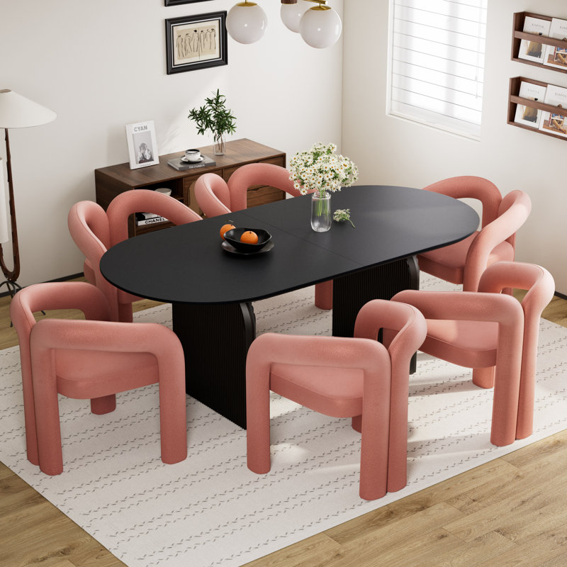 Ensemble de table de salle à manger 70 po avec chaises Velevt, 7 pièces: table, 6 chaises, Noir, Rose