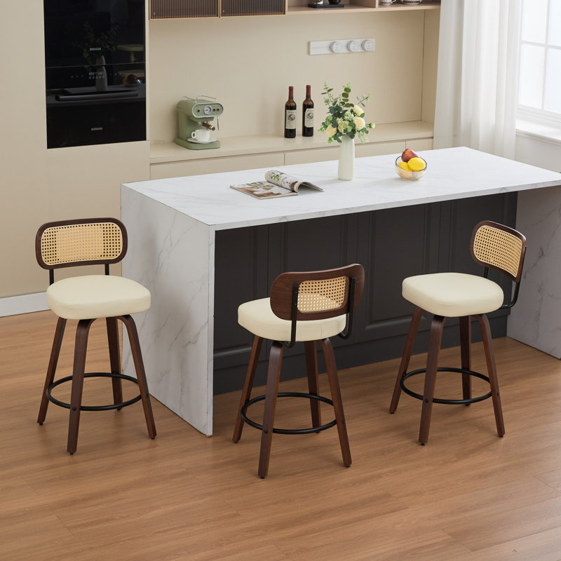 (Set Of 3)26" W Swivel Sturdy Wood Frame With Thick Upholstered And Pu Leather Bar Stools, With Rattan Lowback And Footstool Barstools