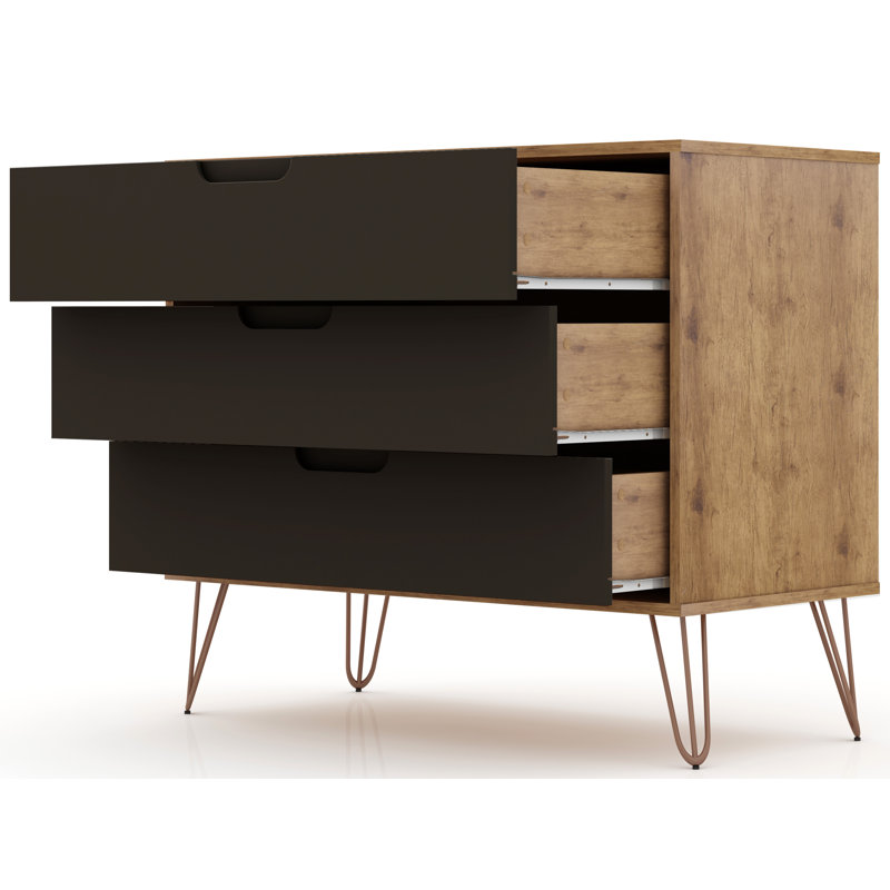 Rockefeller 35" Mid-Century Modern 3-Drawer Bachelor's Chest in Gray, Natural/Textured Gray