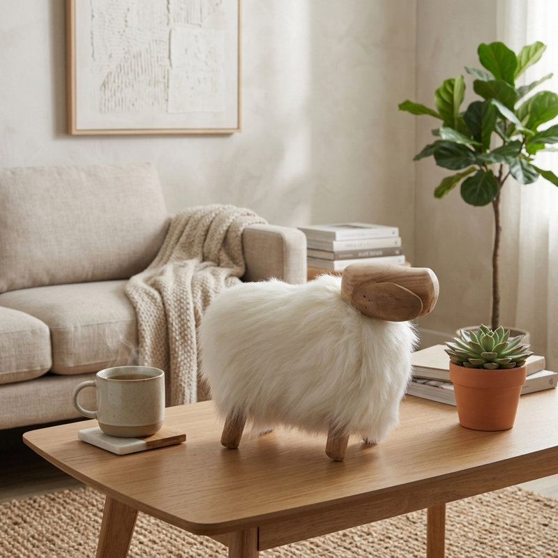 Rayne Figurine Bamboo Wood Hand-Carved Animal with Faux Fur 10" Ivory Tan for Home Office Bedroom Living Room Decor Casual Style