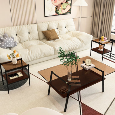 3 meubles de salon, table basse et tables de bout en verre trempé, arrangement brun, avec côtés