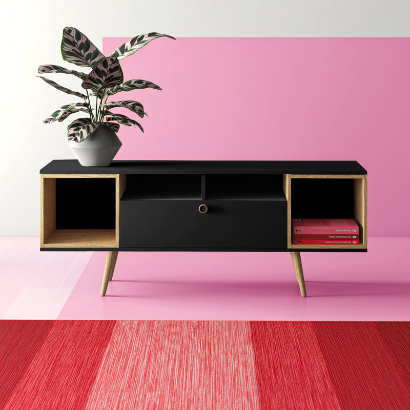 Theodore 62.99" Mid-Century Moderrn 6-Shelf TV Stand for TVs up to 60" in Cinnamon and Black, Black/Cinnamon