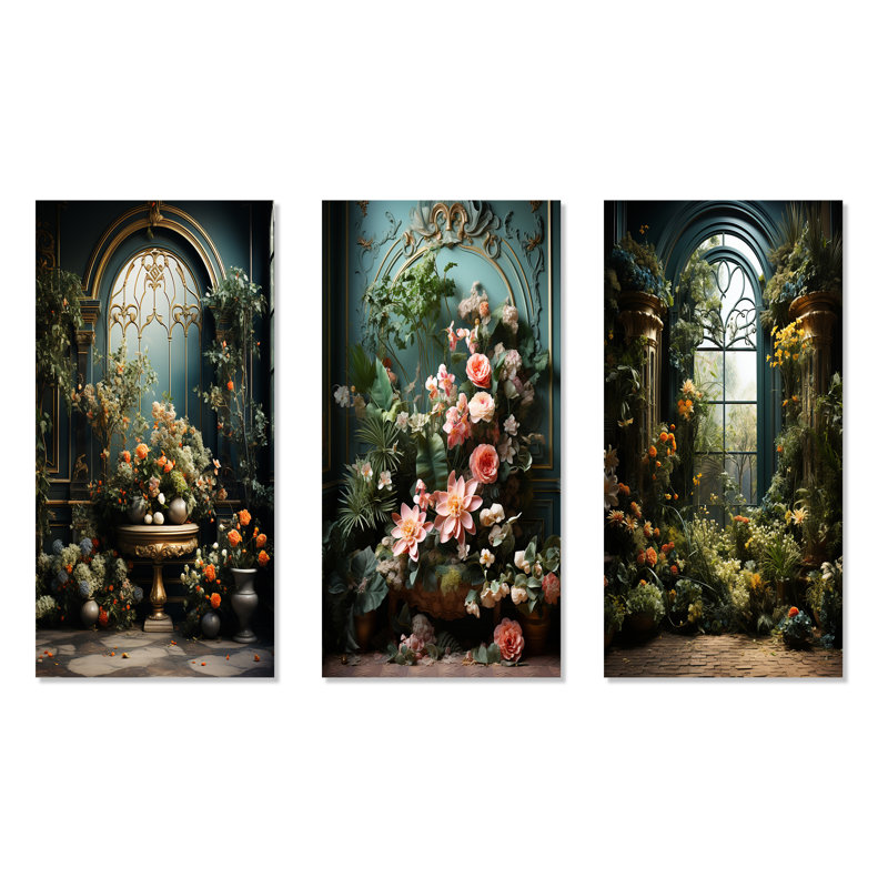 Ensemble de 3 décorations murales à motif de fleurs, feuillage et jardins, H 28 po x l 36 po, Toile tendue