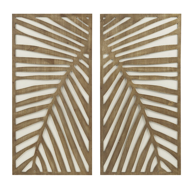 Two-Tone Wood Panel Wall Decor With Leaf Decorative Feature Decor, Of 2 Panels