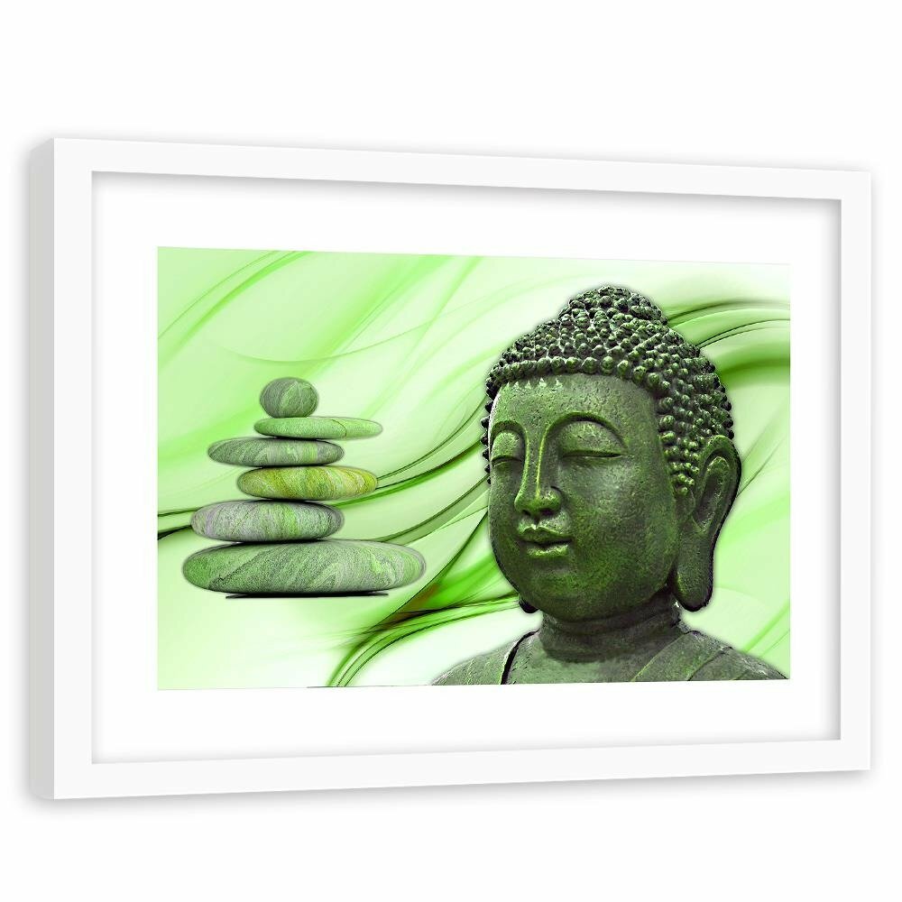 Gerahmter Fotodruck Buddha-Kopf und Zen-Steine