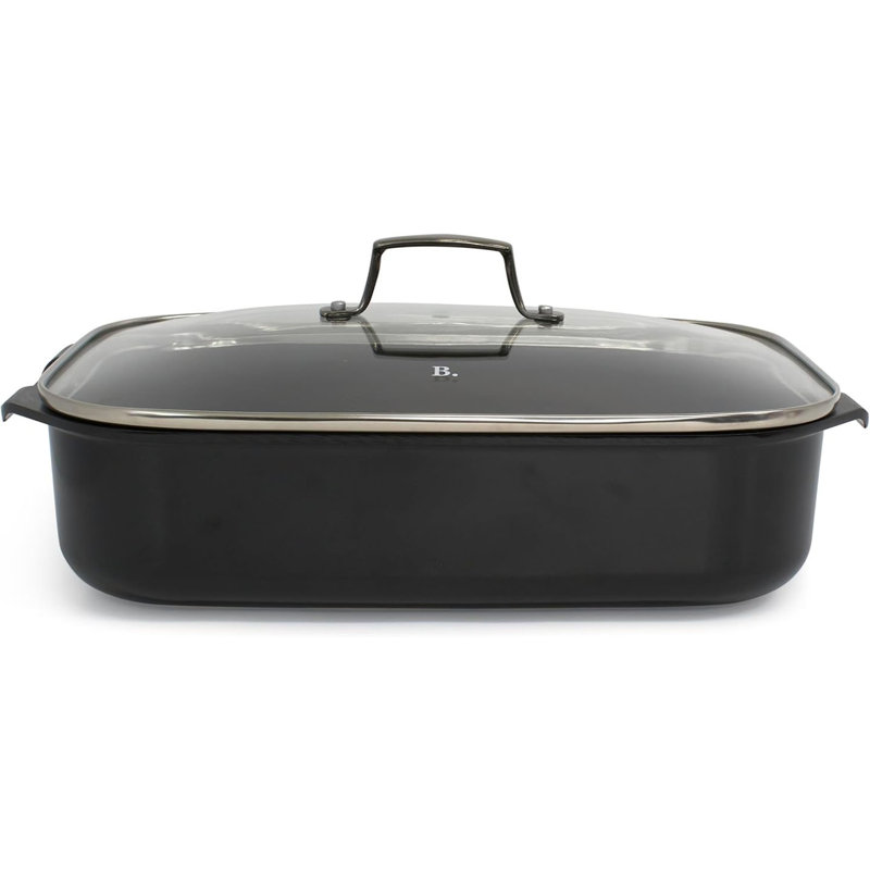 Blu. Cookware Roasting Pan With Lid And Roasting Rack, Non-toxic, Non-stick Ceramic, Pfa/pfoa-free, Suitable For All Cooktops, Bamboo Cleaning Brush
