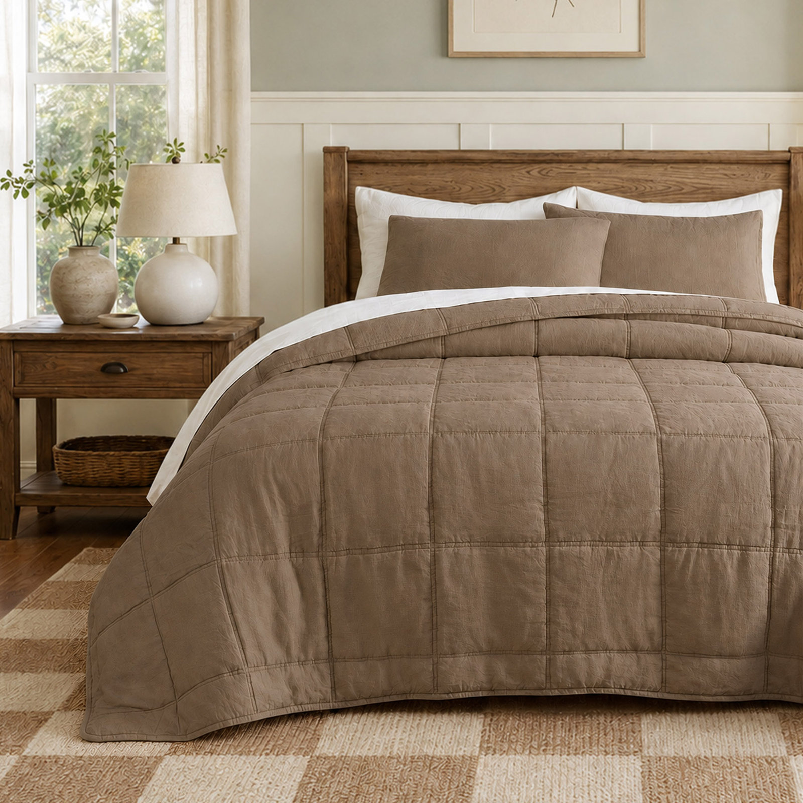 Clara 100% French Linen All-Season Comforter Set With Shams, Queen Comforter + 2 Standard Shams, Cocoa