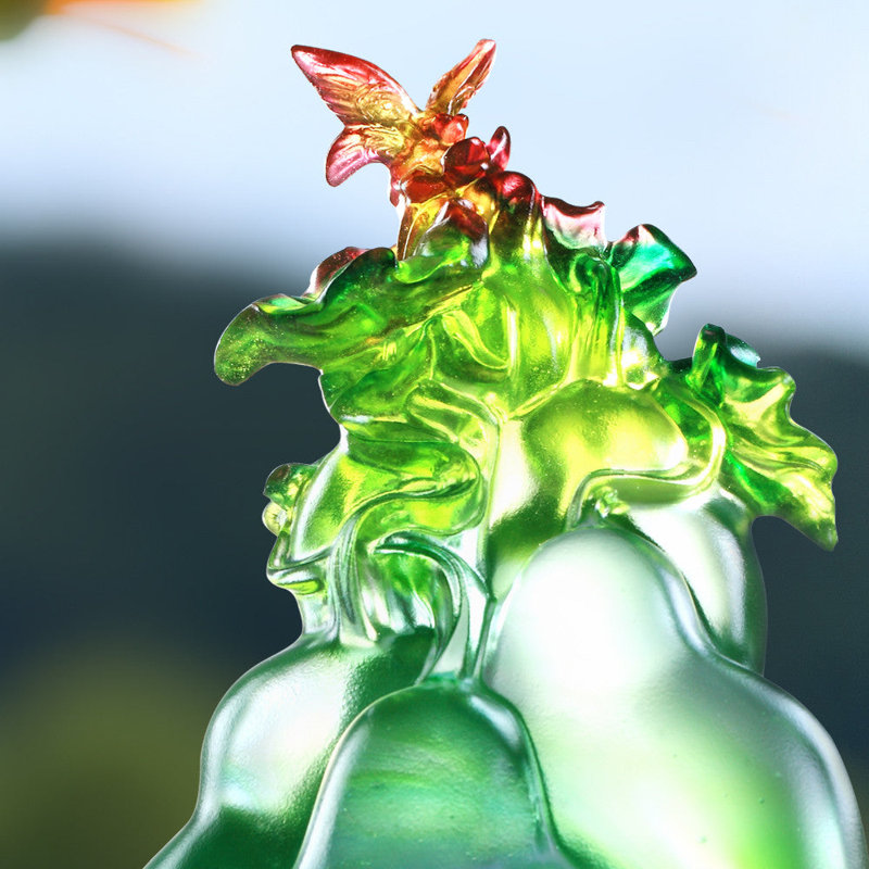 LIULI Crystal Art Crystal Butterfly And Gourd Sculpture, "Verdant Layers Of Fortune"