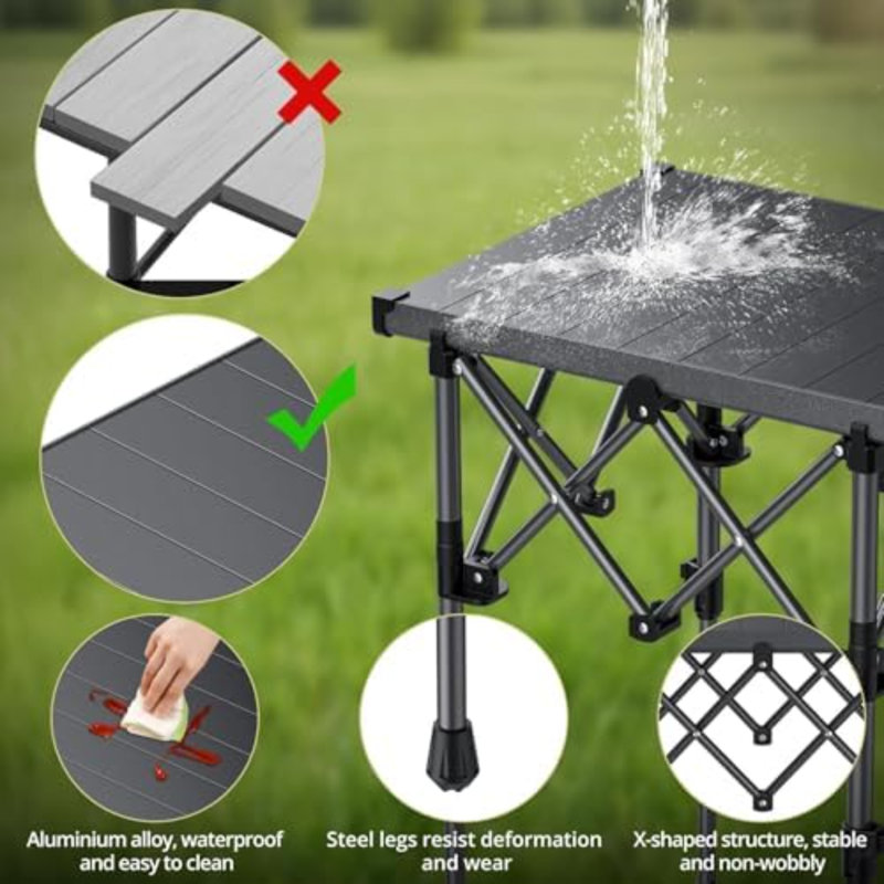 Roll Up Camping Table, Adjustable Height Max 27.5", 20” x 16”, Black | Aluminum Camping Side Table with Carry Bag, Stable X-Frame, 264 lbs Load, for Outdoor Cooking Tailgating Picnic BBQ RV Travel