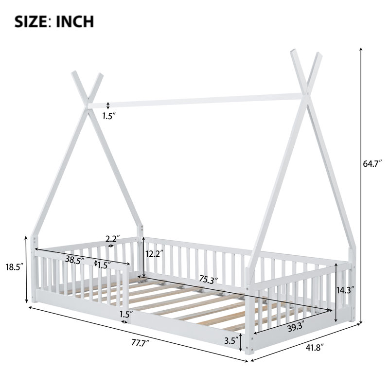 Twin Size Wood House Bed with Fence, White