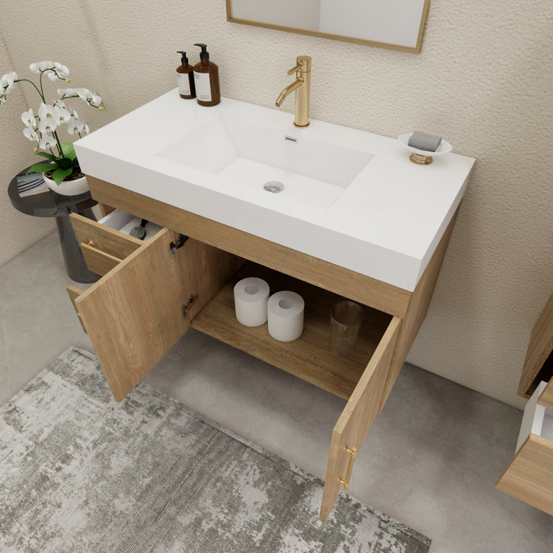 41.9" Wall-Mounted Single Bathroom Vanity Set, Oak