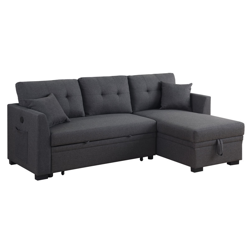 L-Shaped Sleeper Sofa Reversible Couch Pull Out Couch With Storage Chaise, Dark Gray Linen