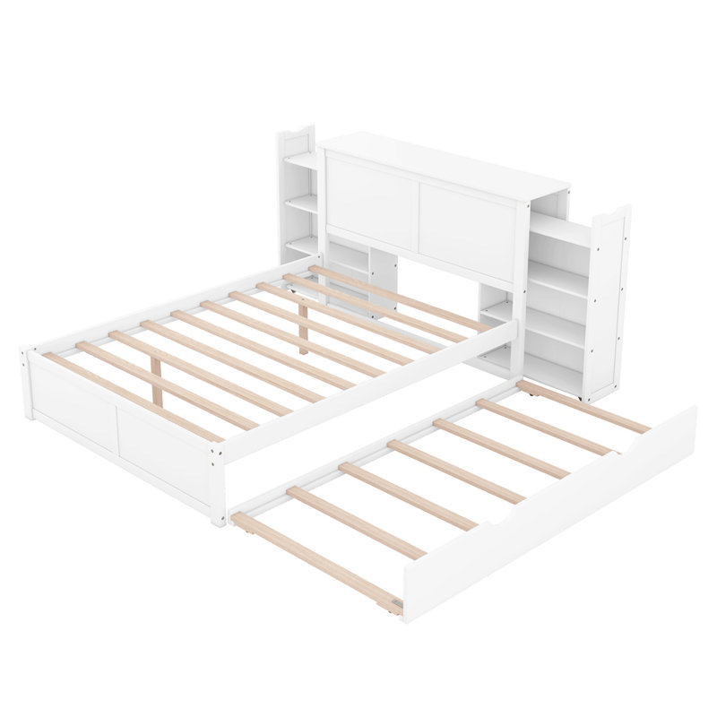 Salix Storage Platform Bed With Pull Out Shelves And Trundle, Full, Beige